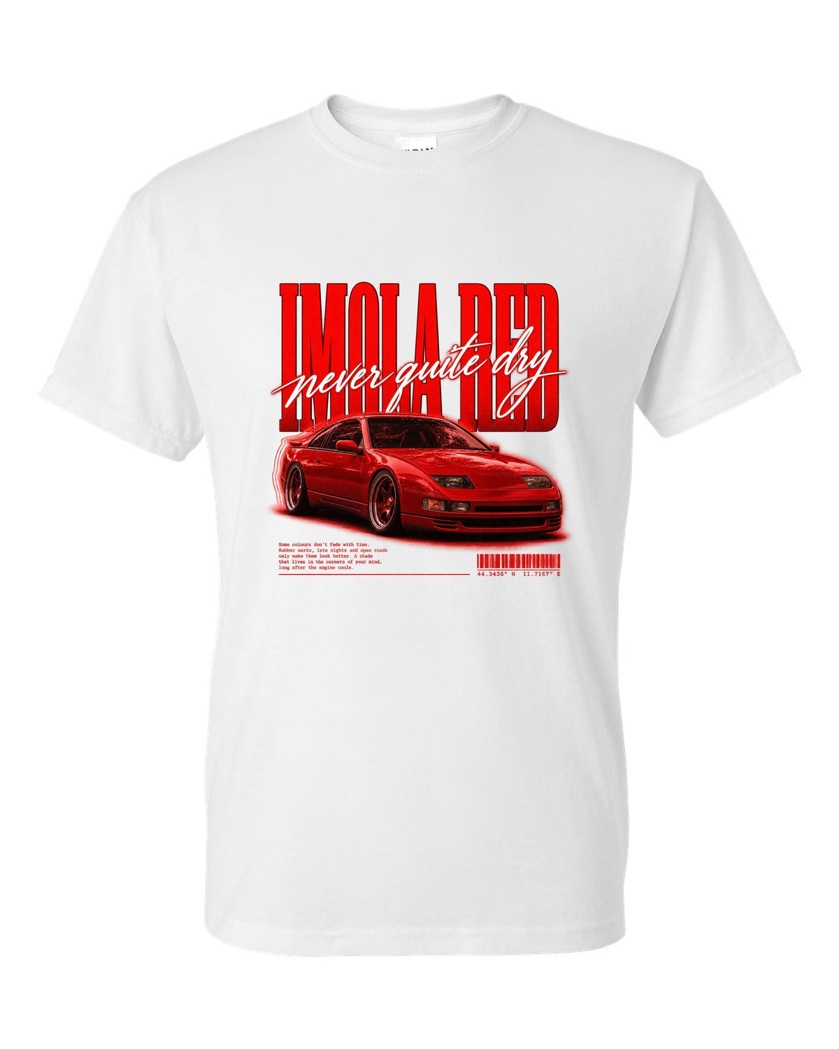 BMW E36 M3 coupe Imola Red street poster print with never quite dry text white t-shirt front view with the design