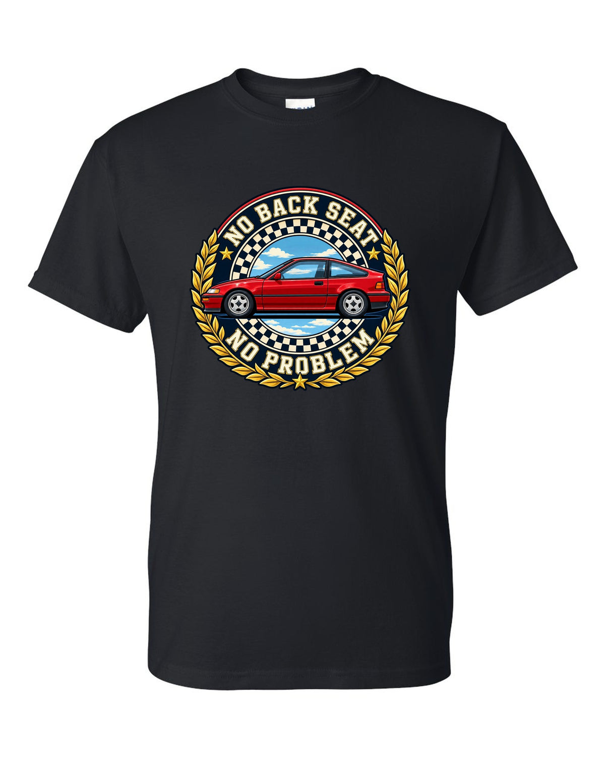 Crest layout print for the Honda CRX EF8 with no back seat text black t-shirt front view with the design
