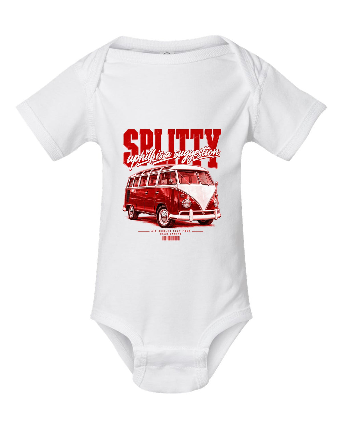 Street poster print of a 1963 VW T1 split-window bus with air-cooled flat-four text white baby onesie front view with the design