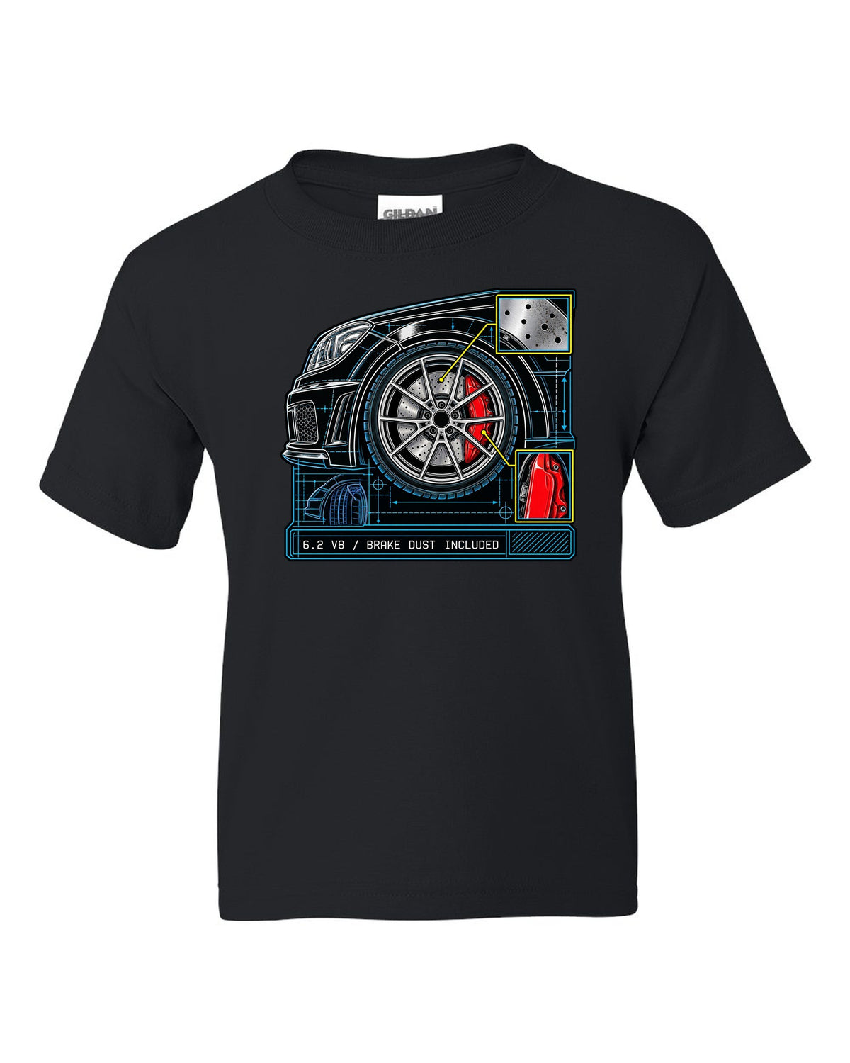 Retro manga ink burnout illustration of a Mercedes C63 Coupe C204 with tyre text black kids tee front view with the design