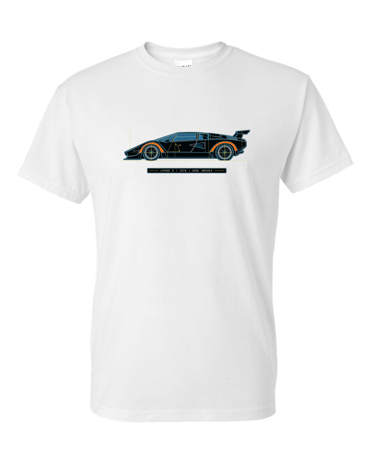Blueprint patent line art of a Lamborghini Countach LP400 S 1978 with wide arches text white t-shirt front view with the design