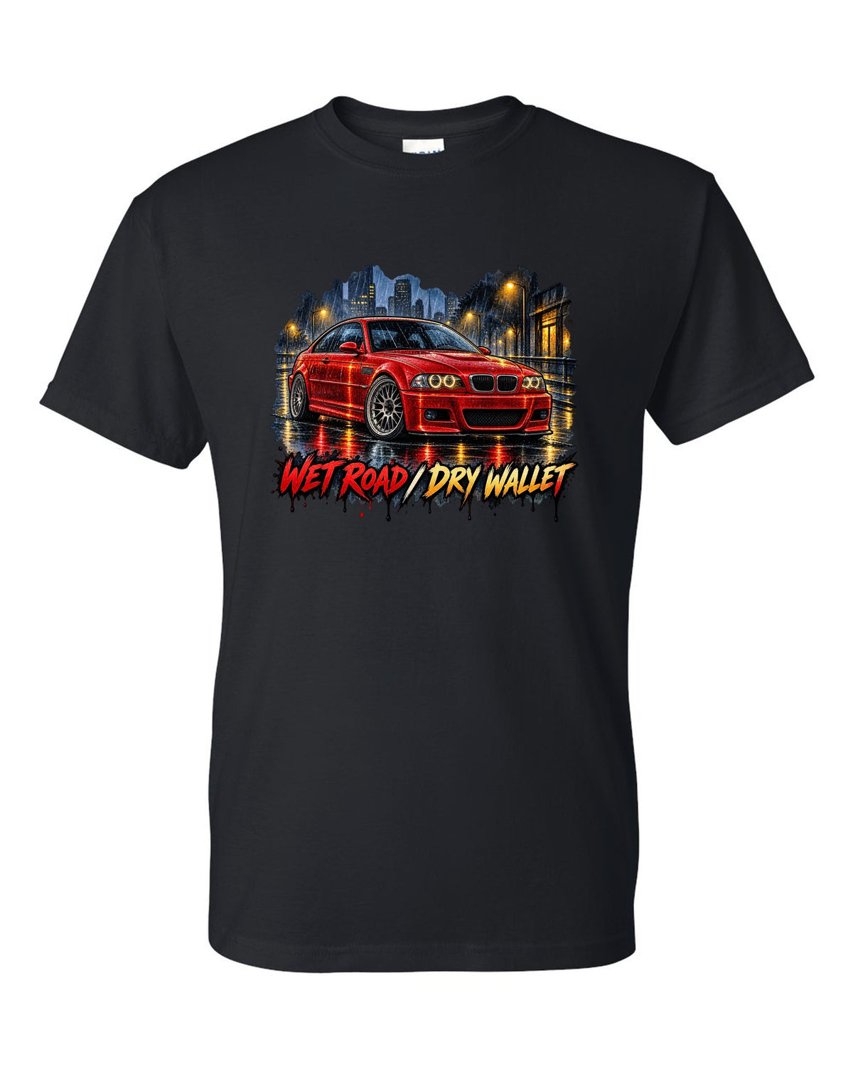 Watercolour wet-road night illustration of a BMW E46 M3 coupe with wet road dry wallet text black t-shirt front view with the design