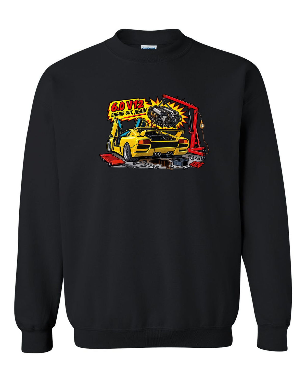 Comic halftone pop-art Lamborghini Diablo GT in a workshop with 6.0 V12 engine out again lettering black crewneck front view with the design
