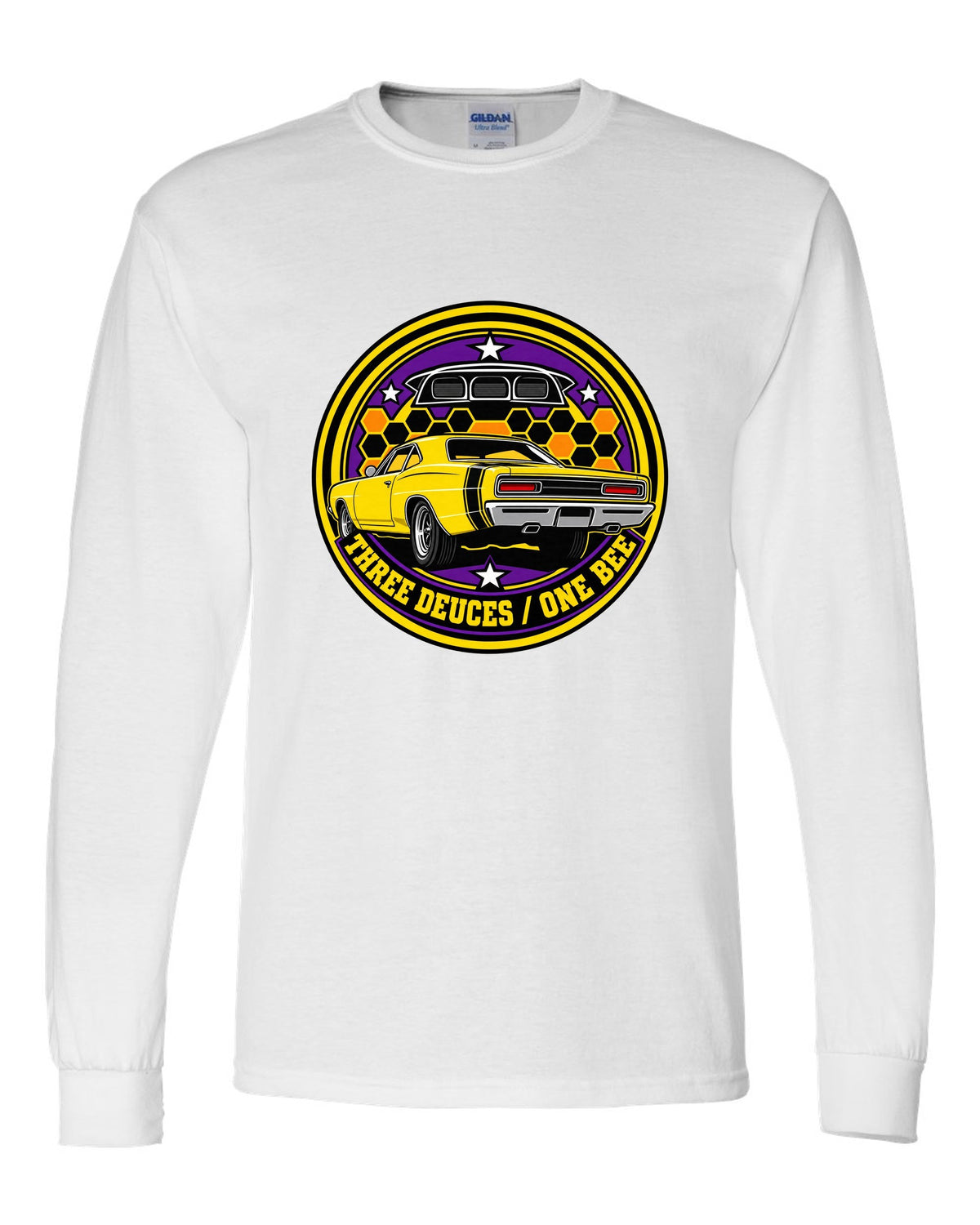 Round crest design for the 1969 Dodge Coronet Super Bee reading three deuces one bee white long sleeve front view with the design