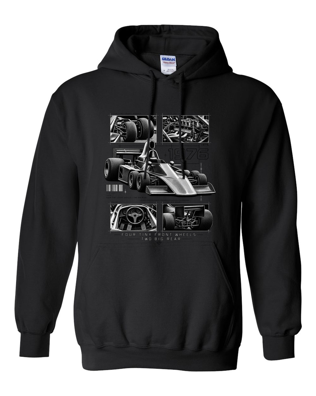 Tyrrell P34 six-wheel F1 car dossier panel print black pull over hoodie front view with the design