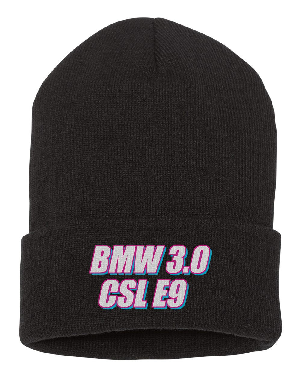 Bmw 3.0 Csl E9 black beanie front view with car name