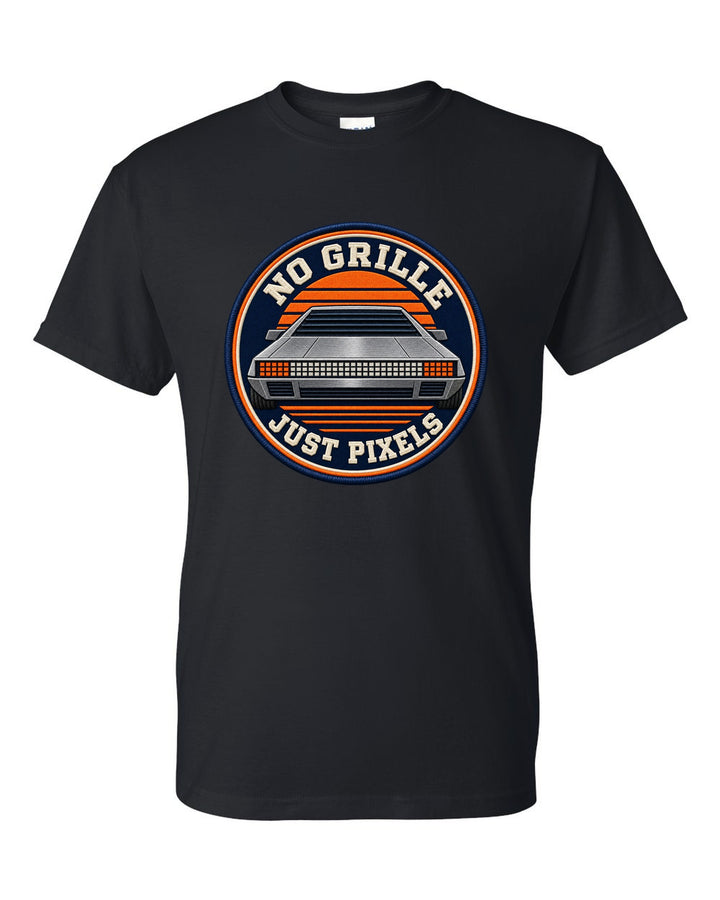 Varsity crest design of the Hyundai N Vision 74 concept with pixel styling black t-shirt front view with the design