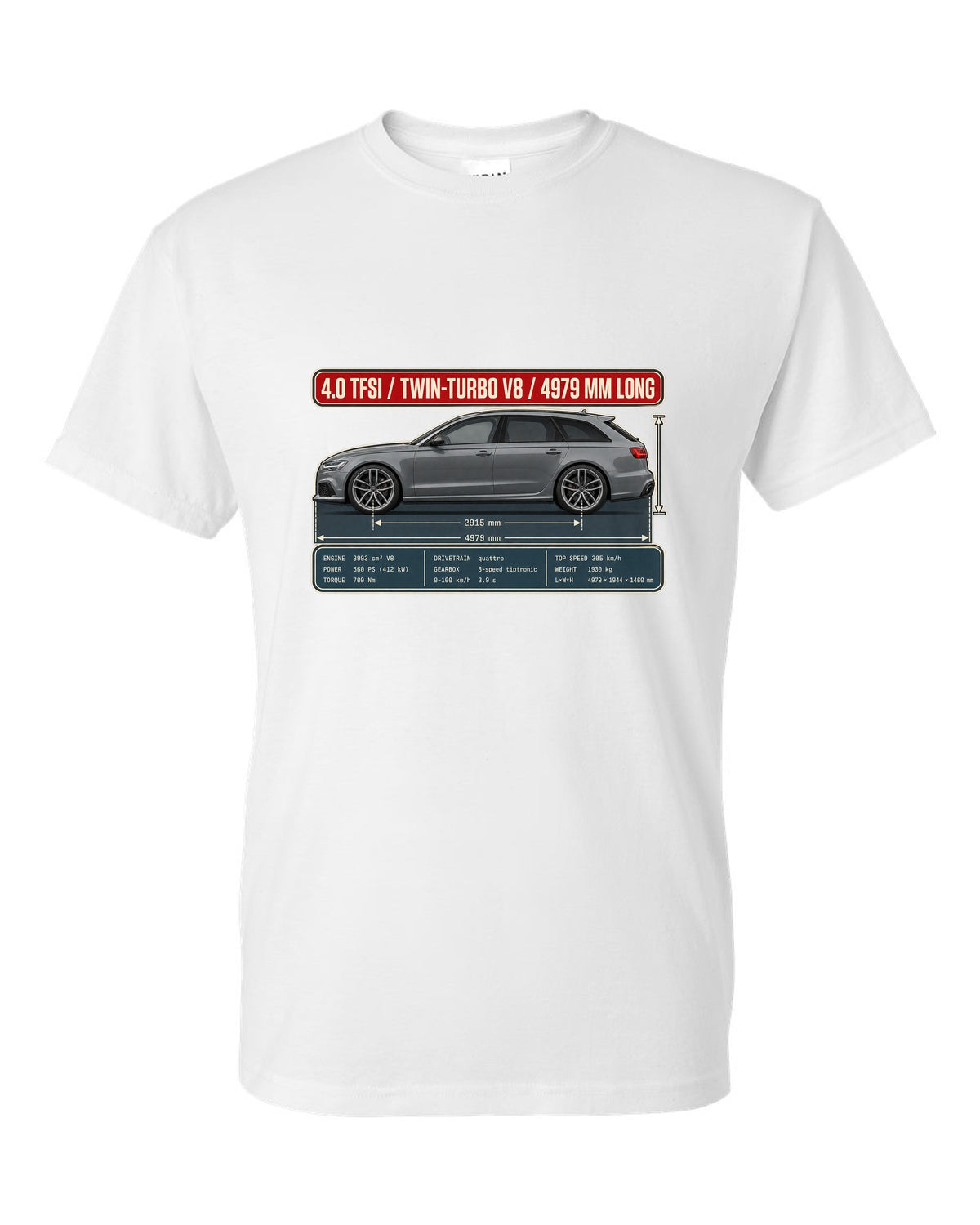 Audi RS6 Avant C7 Daytona grey dimension blueprint print white t-shirt front view with the design