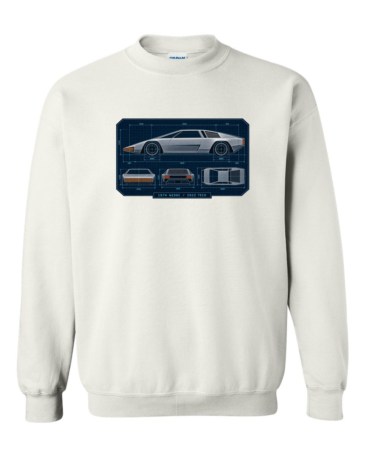 Technical orthographic blueprint print of the Hyundai N Vision 74 concept with 1974 wedge 2022 tech text white crewneck front view with the design