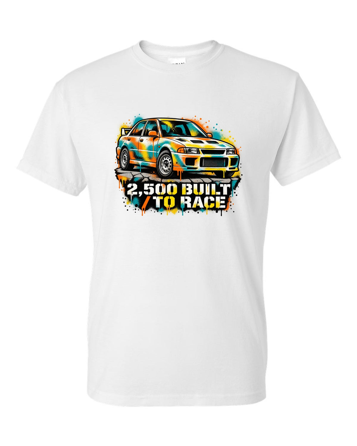 Spray-paint stencil of a Mitsubishi Lancer Evolution I CD9A with 2,500 built text white t-shirt front view with the design