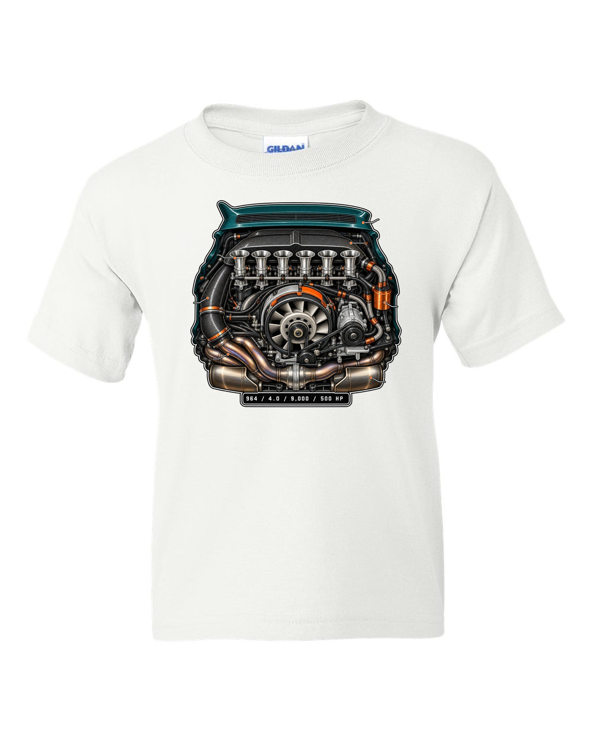 Porsche 911 SC 3.0 embroidery-style crest design reading head stud roulette white kids tee front view with the design