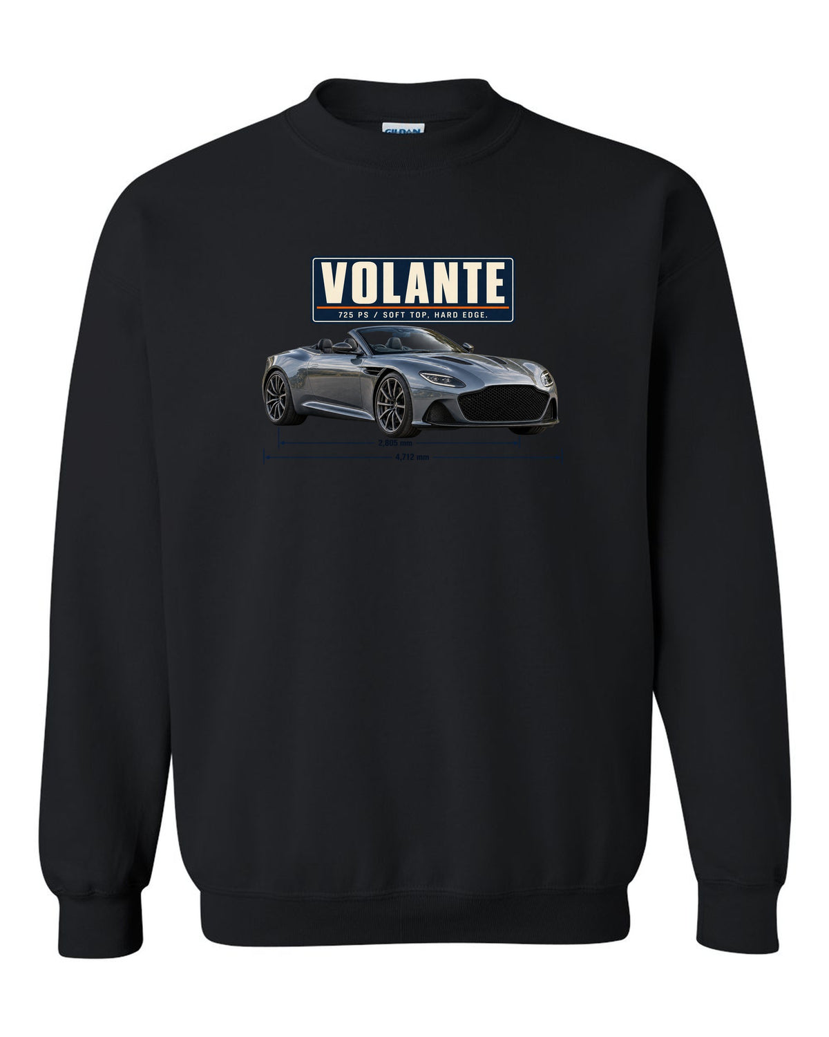Aston Martin DBS Volante 2019 top-down editorial headline print with 725 PS text black crewneck front view with the design