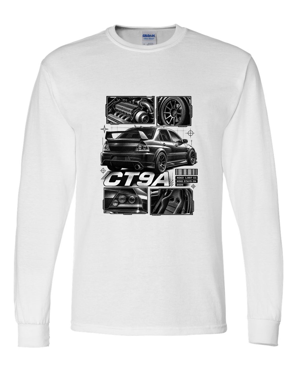 Dossier panel print of a Mitsubishi Lancer Evolution VIII IX CT9A white long sleeve front view with the design