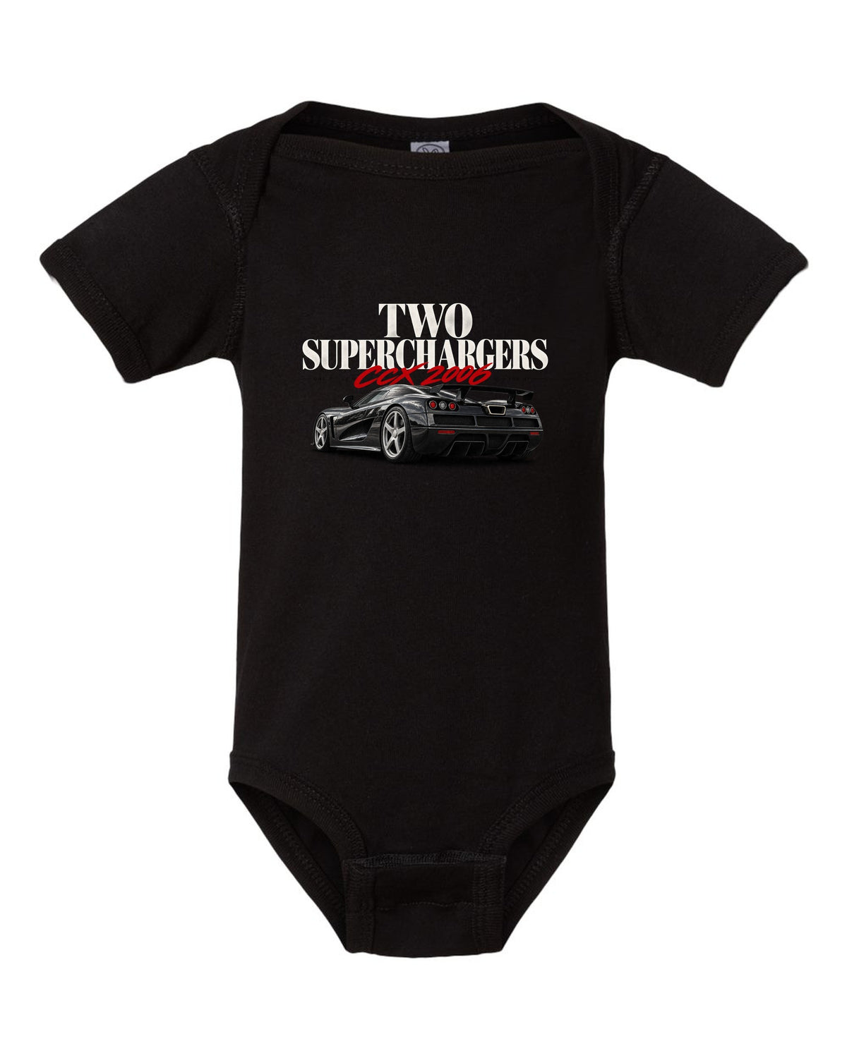 Koenigsegg CCX 2006 editorial headline with two superchargers black baby onesie front view with the design