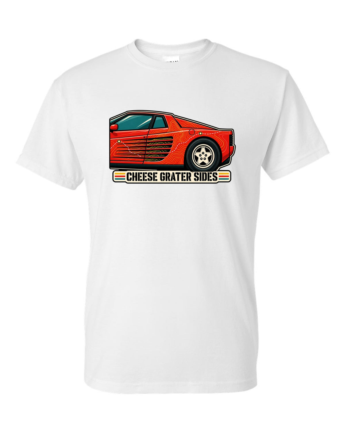 Topographic contour line print of the Ferrari Testarossa F110 with the text cheese grater sides white t-shirt front view with the design