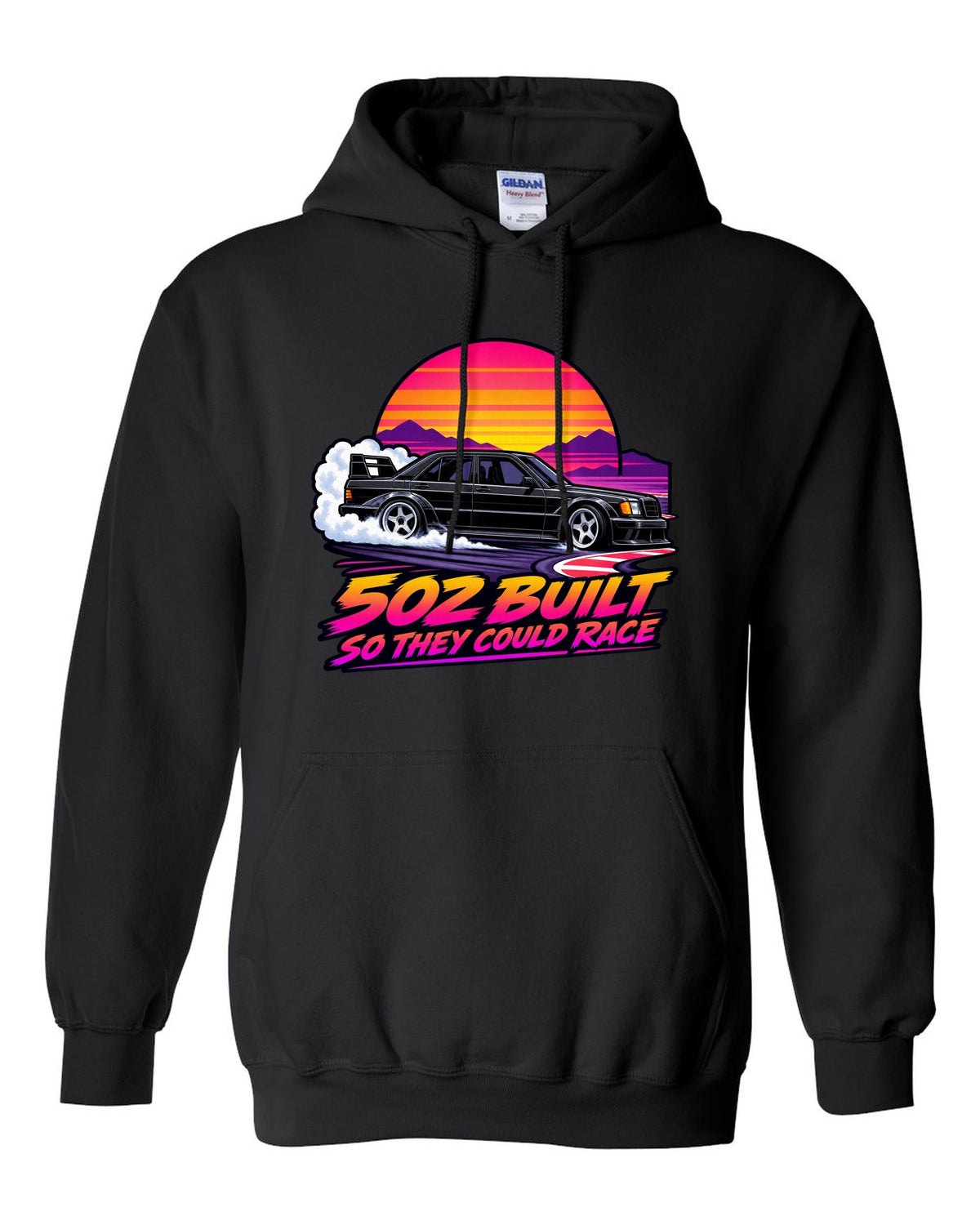 Flat vector eighties sunset gradient print of a Mercedes-Benz 190E Evo II W201 sliding through a chicane black pull over hoodie front view with the design