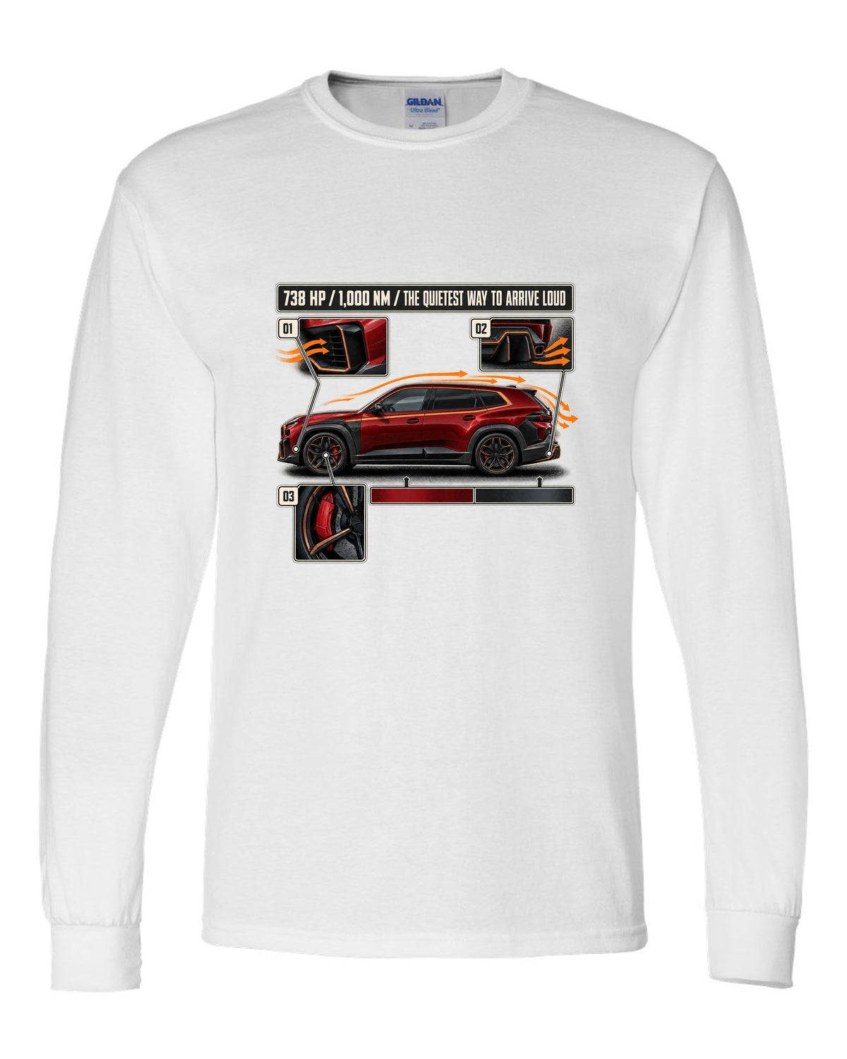 BMW XM Label Red aero cutaway callouts print on a tee white long sleeve front view with the design