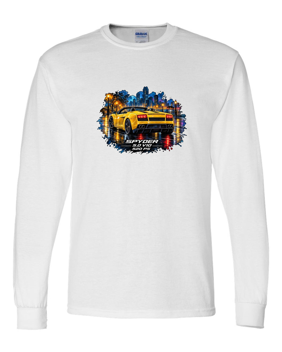 Watercolour wet-road night scene of a Lamborghini Gallardo Spyder with V10 and 520 PS text white long sleeve front view with the design