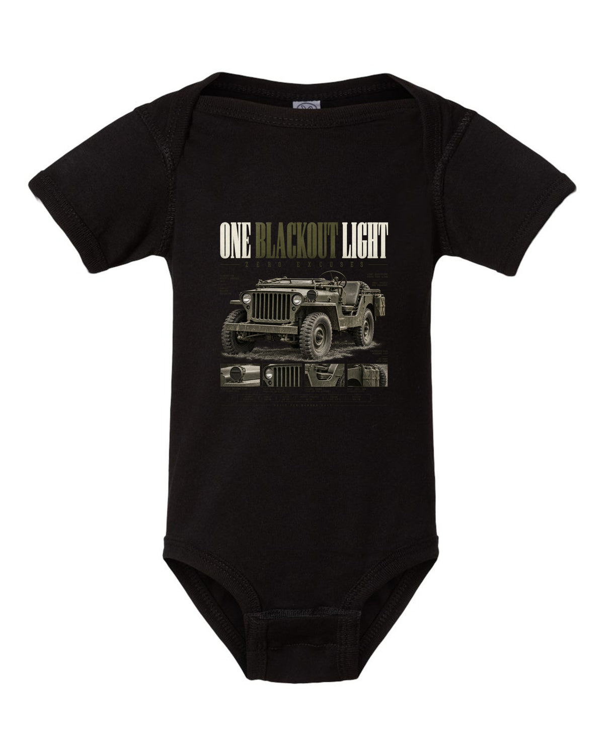 Editorial headline print for the Willys MB blackout light, 1941-1945 black baby onesie front view with the design