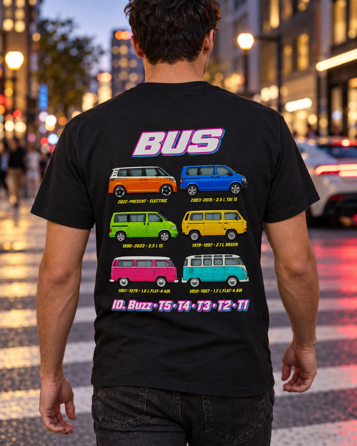 VW Bus Evolution Poster Full-Back Graphic Tee T-Shirt Black worn hero