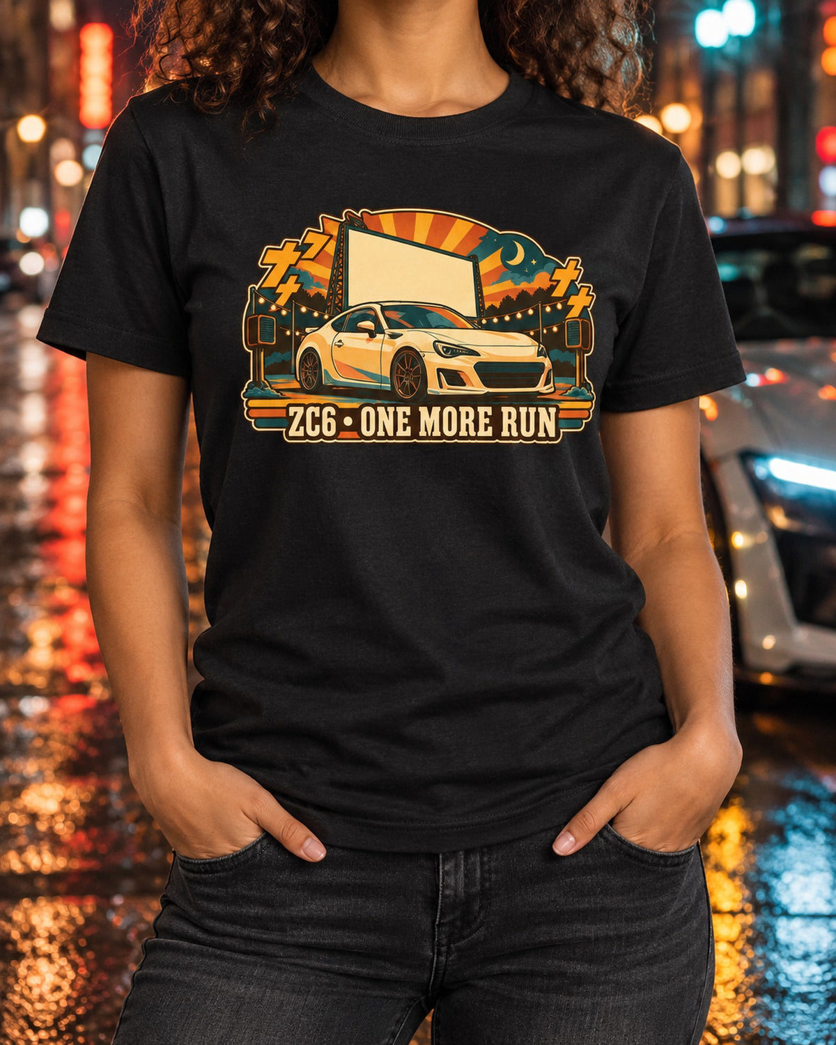 Subaru BRZ ZC6 One More Run Showa Drive-In Ad Style Tee T-Shirt Black worn hero