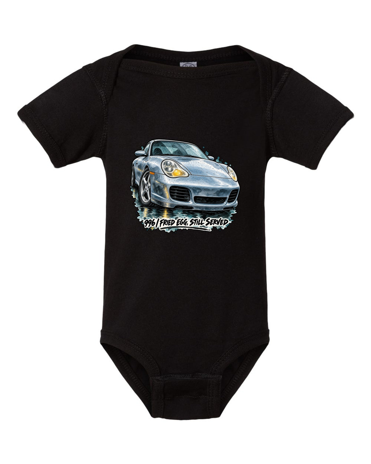 Watercolour ink wash of a Porsche 911 996 on a wet road black baby onesie front view with the design