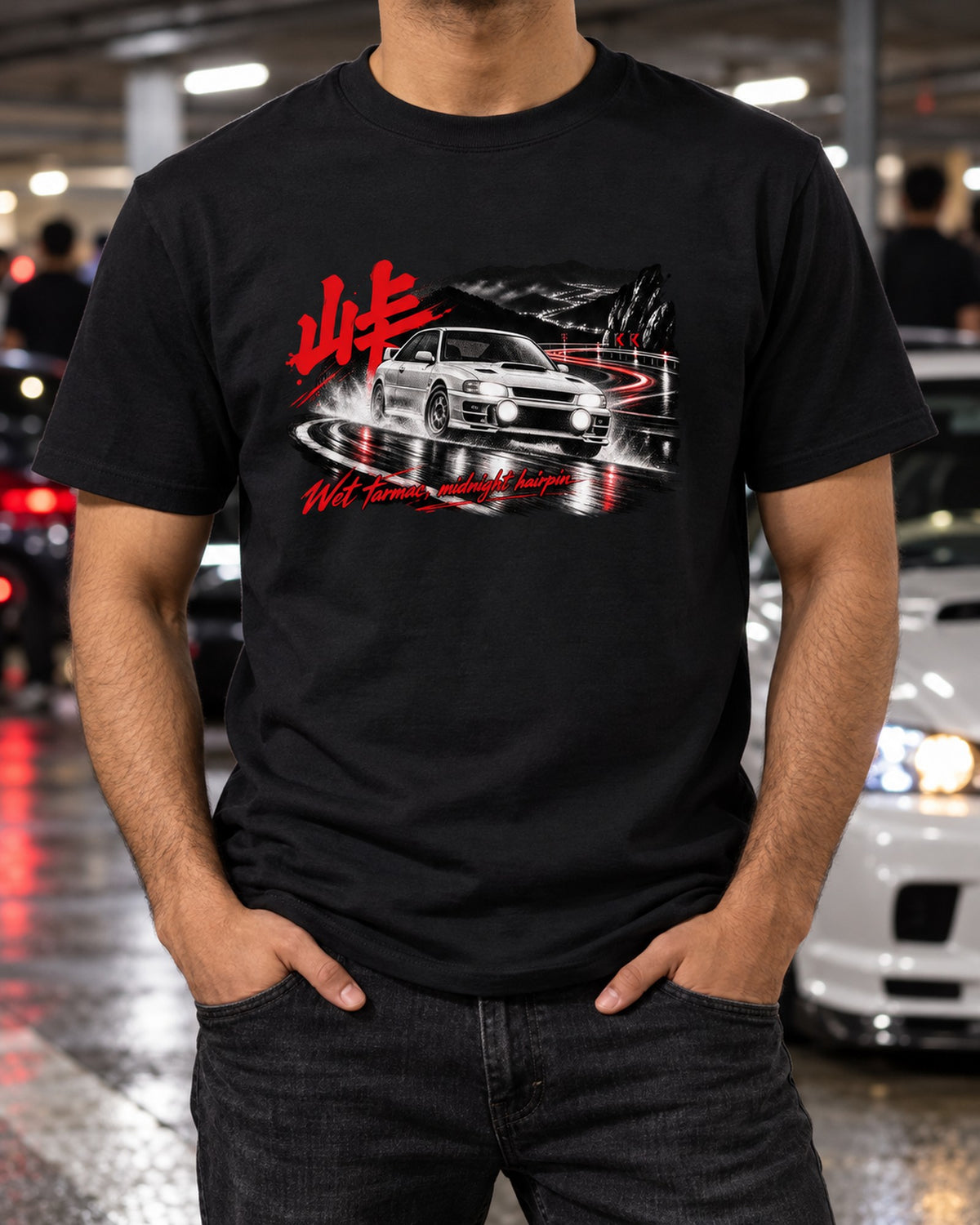 Subaru Impreza WRX GC8 Touge Night print Tee, Midnight Hairpin T-Shirt Black worn hero