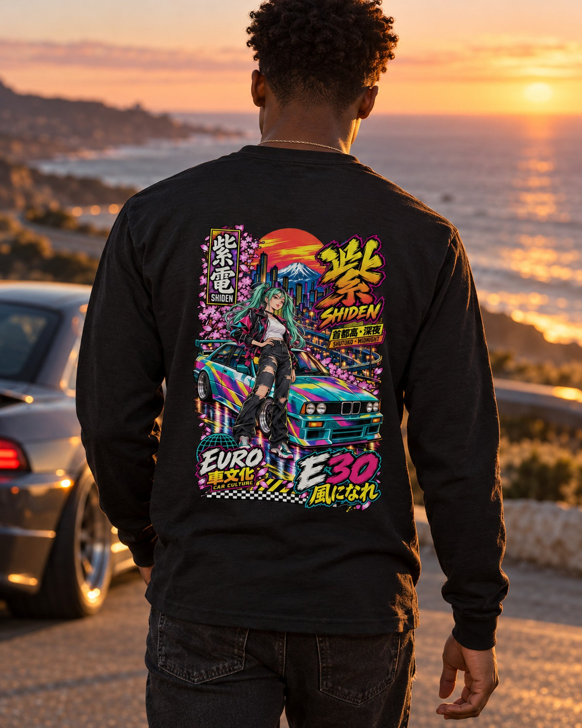 SHIDEN E30 Anime Girl Full-Back Graphic Tee Long Sleeve Black worn hero
