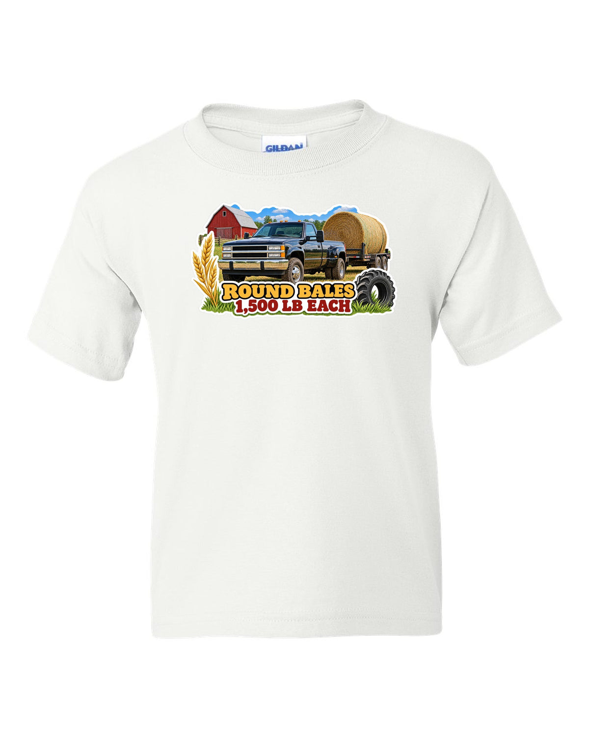 Sticker collage print of a 2010-2018 Ram 2500 6.7 hauling round bales with 1,500 lb each text white kids tee front view with the design