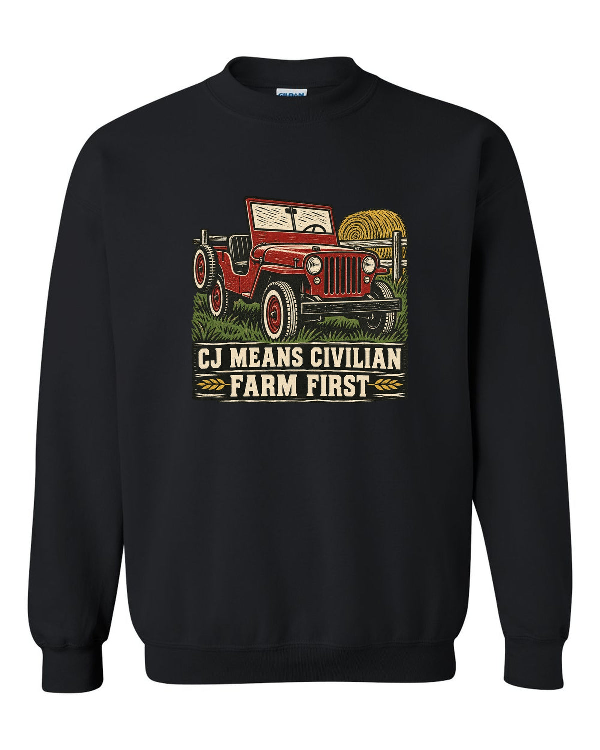 Linocut-style print of a Jeep CJ-2A with civilian farm text black crewneck front view with the design