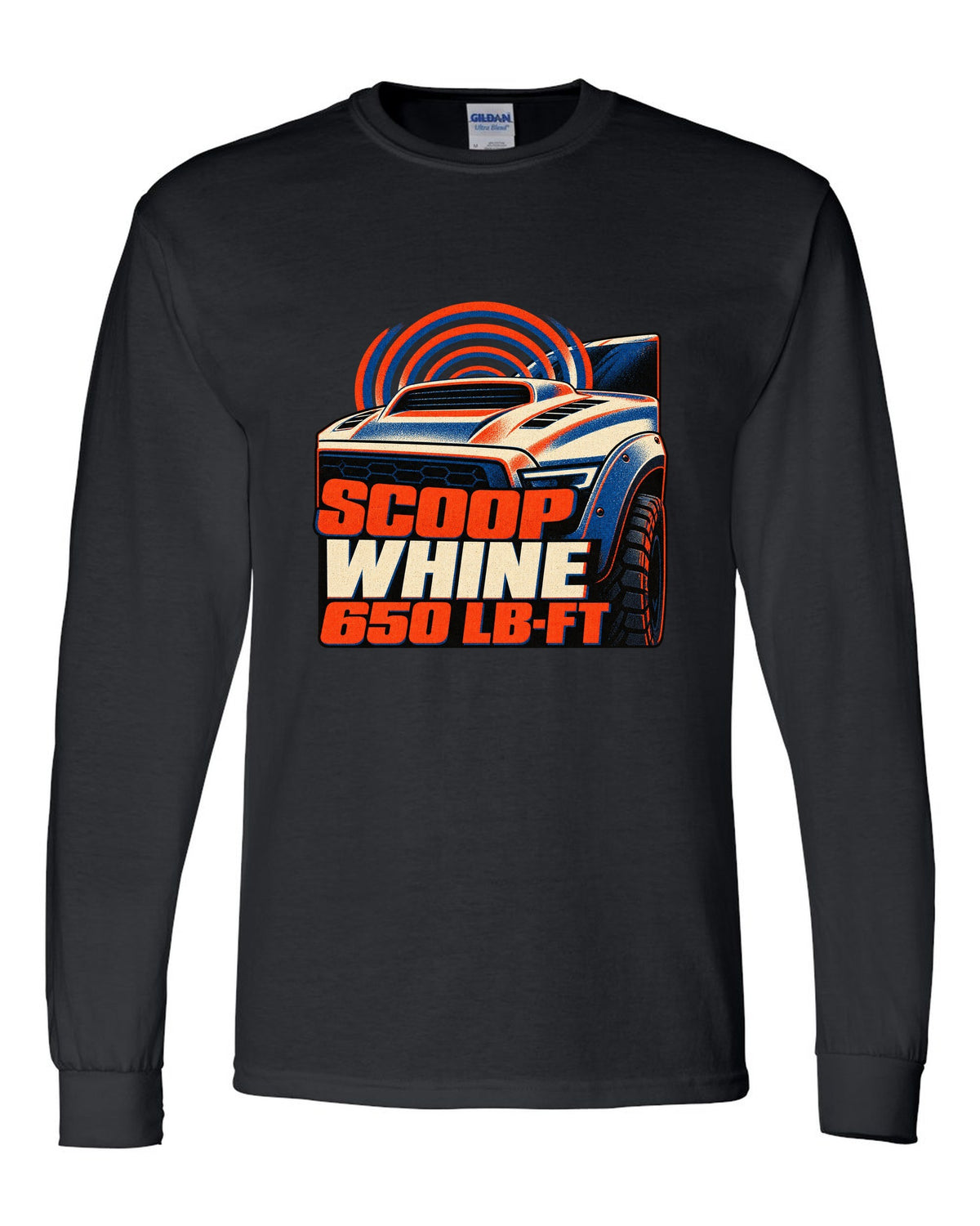 Risograph print of a 2021-2024 Ram 1500 TRX with scoop whine 650 lb-ft text black long sleeve front view with the design