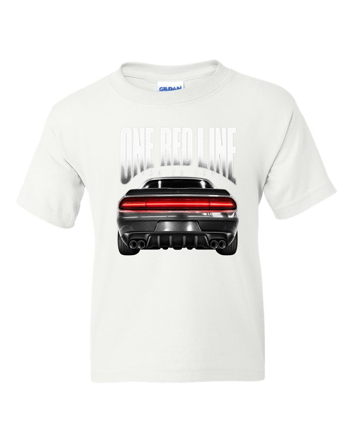 Taillight macro print of a 2015 Dodge Challenger Scat Pack with a single red line white kids tee front view with the design