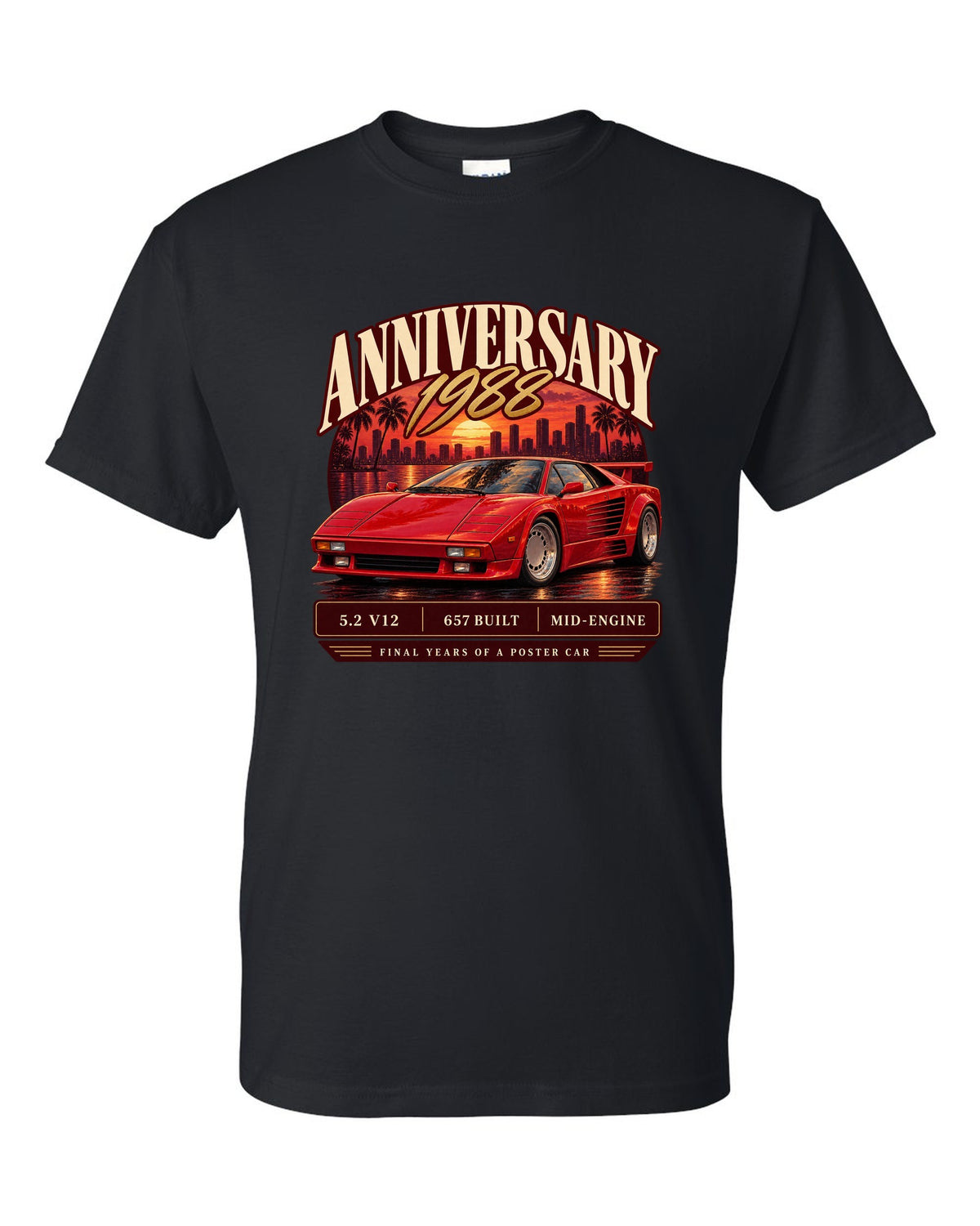 Archive panel print of a Lamborghini Countach 25th Anniversary with 657 built text black t-shirt front view with the design