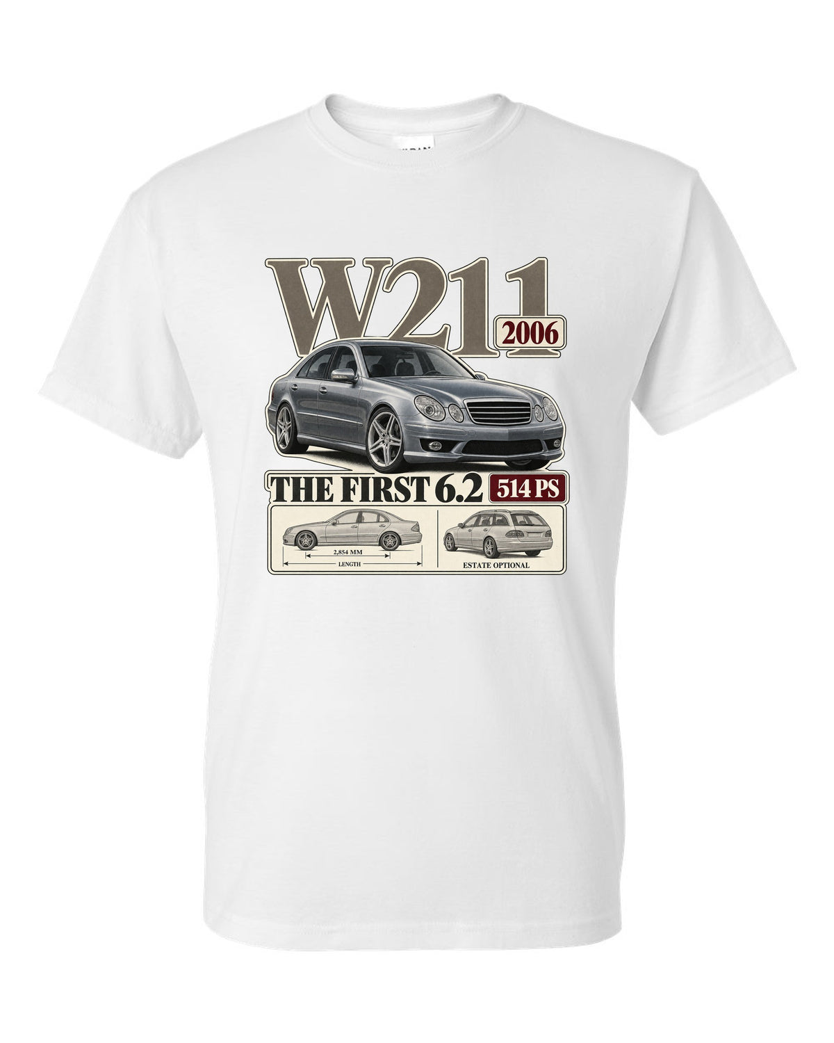 Archive panel print of a silver Mercedes-AMG E63 W211 sedan white t-shirt front view with the design