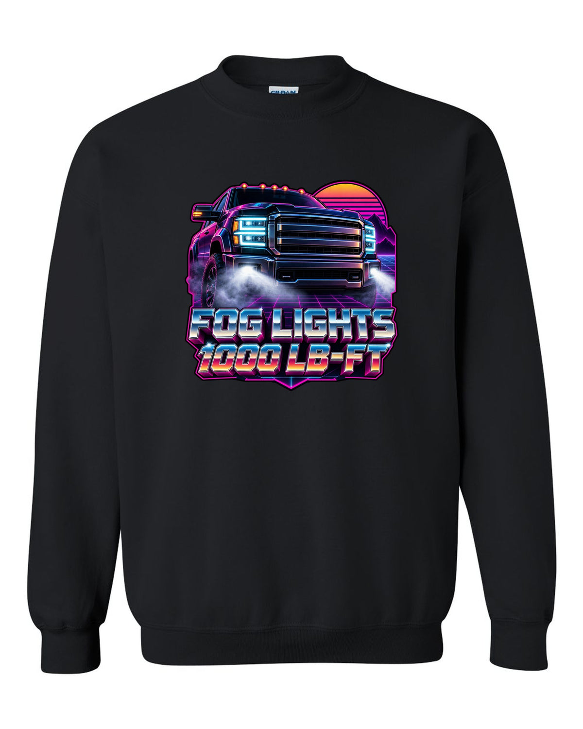 Neon synthwave grid print of a 2019-2024 Ram HD 2500 with the 6.7 HO and 1000 lb-ft text black crewneck front view with the design