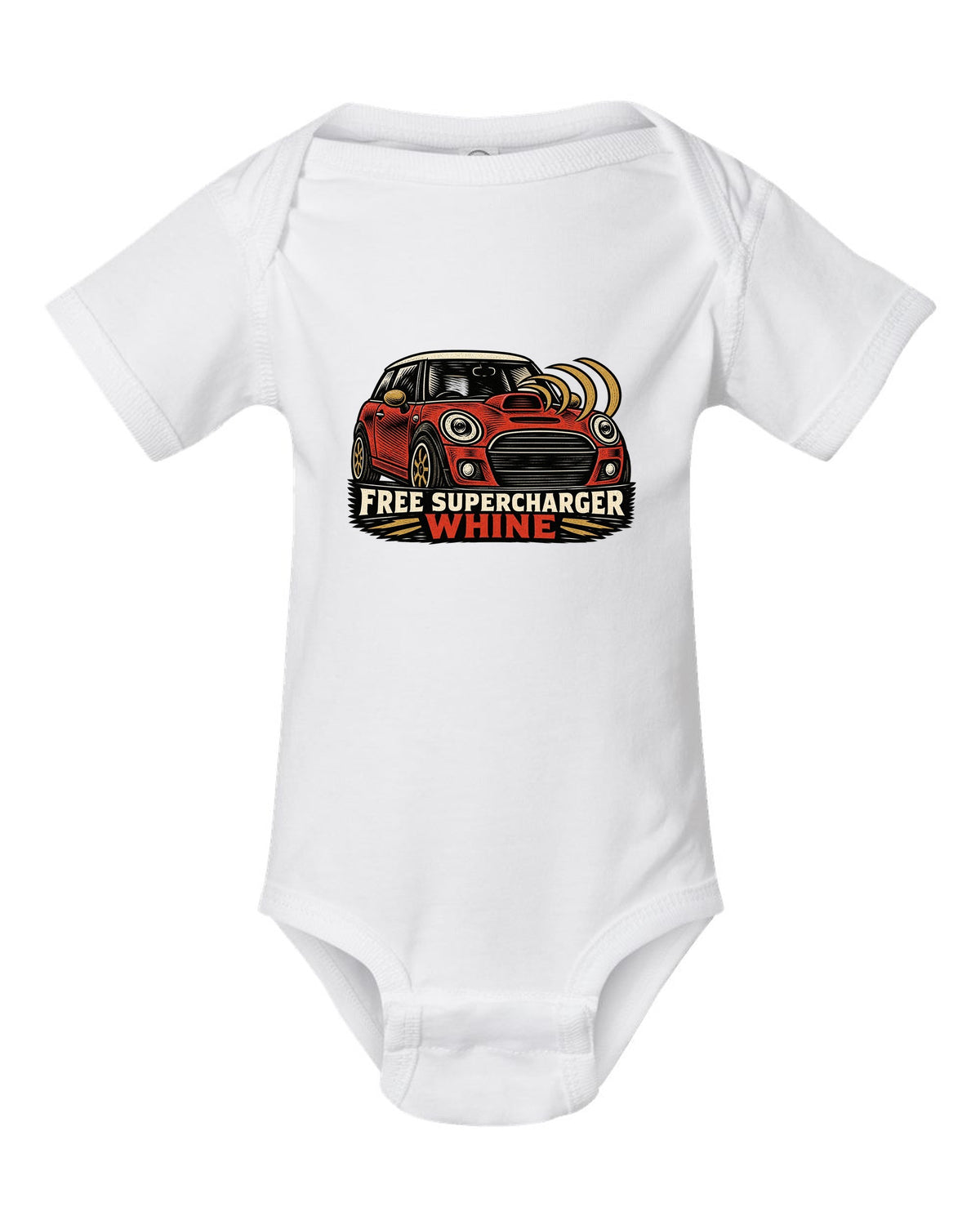 Linocut woodcut print of a Mini Cooper S R53 with the words free supercharger whine white baby onesie front view with the design