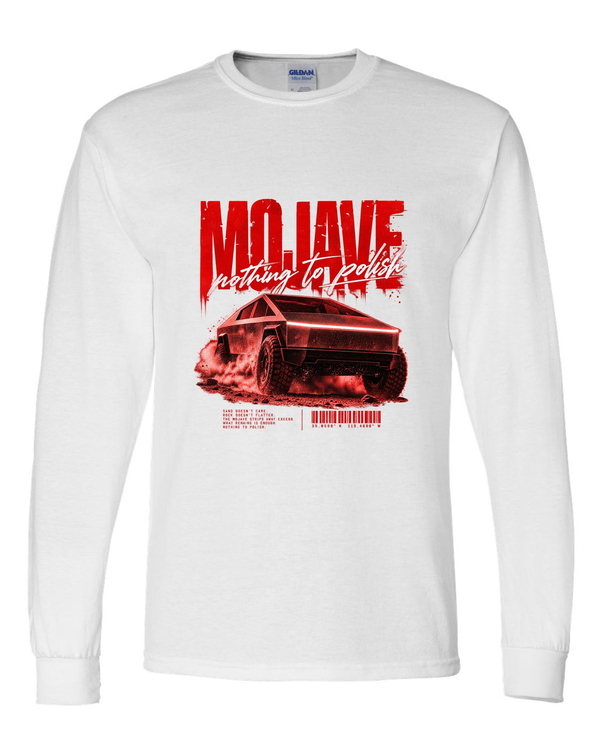 Tesla Cybertruck low front three-quarter on a Mojave desert road street poster white long sleeve front view with the design