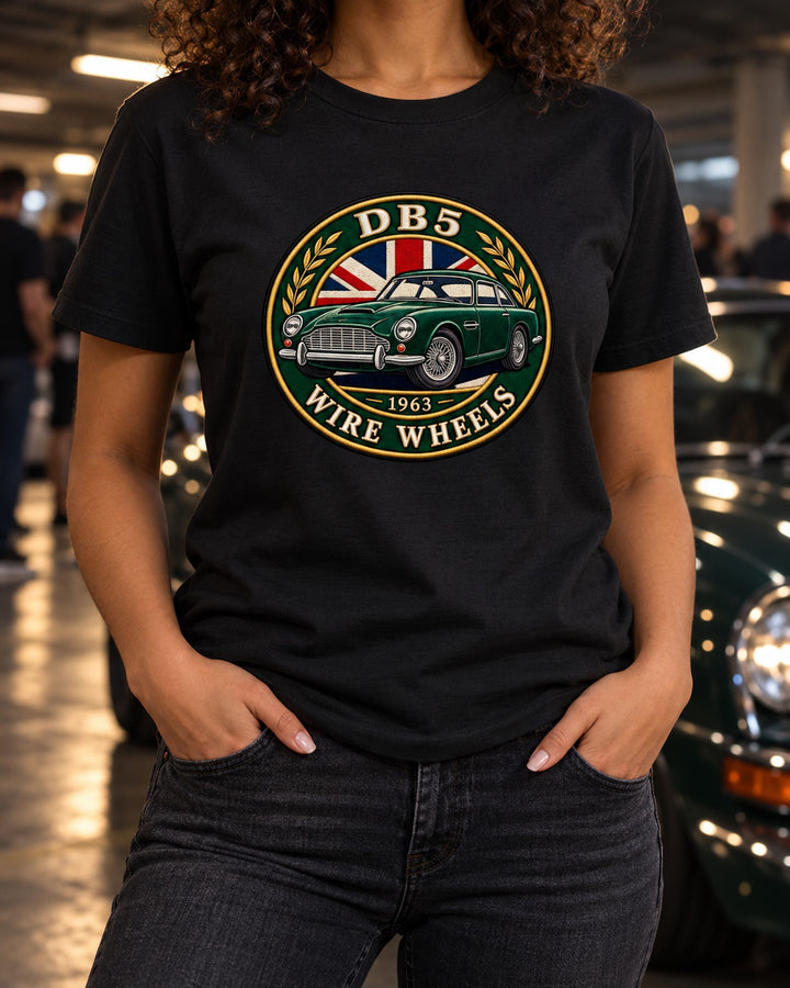 Aston Martin DB5 1963 Wire Wheel Crest Shirt, Varsity Style T-Shirt Black worn hero