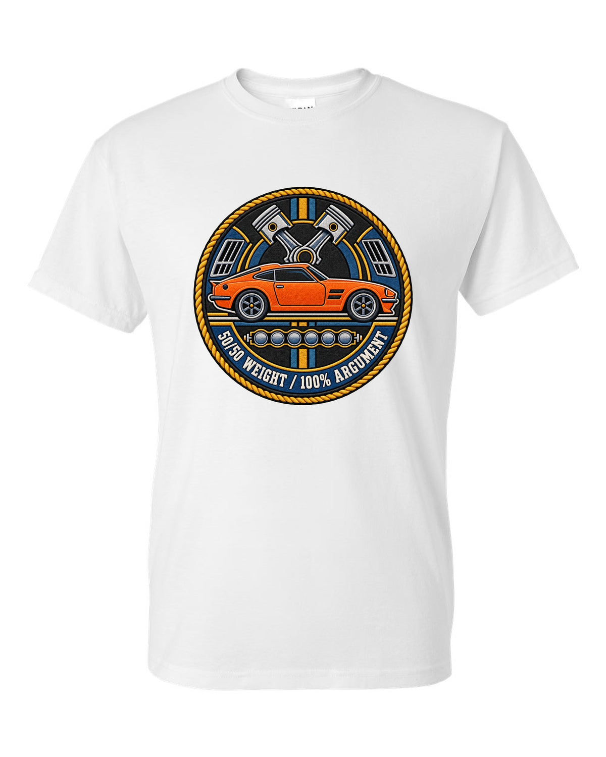 Varsity crest design for the Toyota GR Supra A90 with double-bubble roof white t-shirt front view with the design