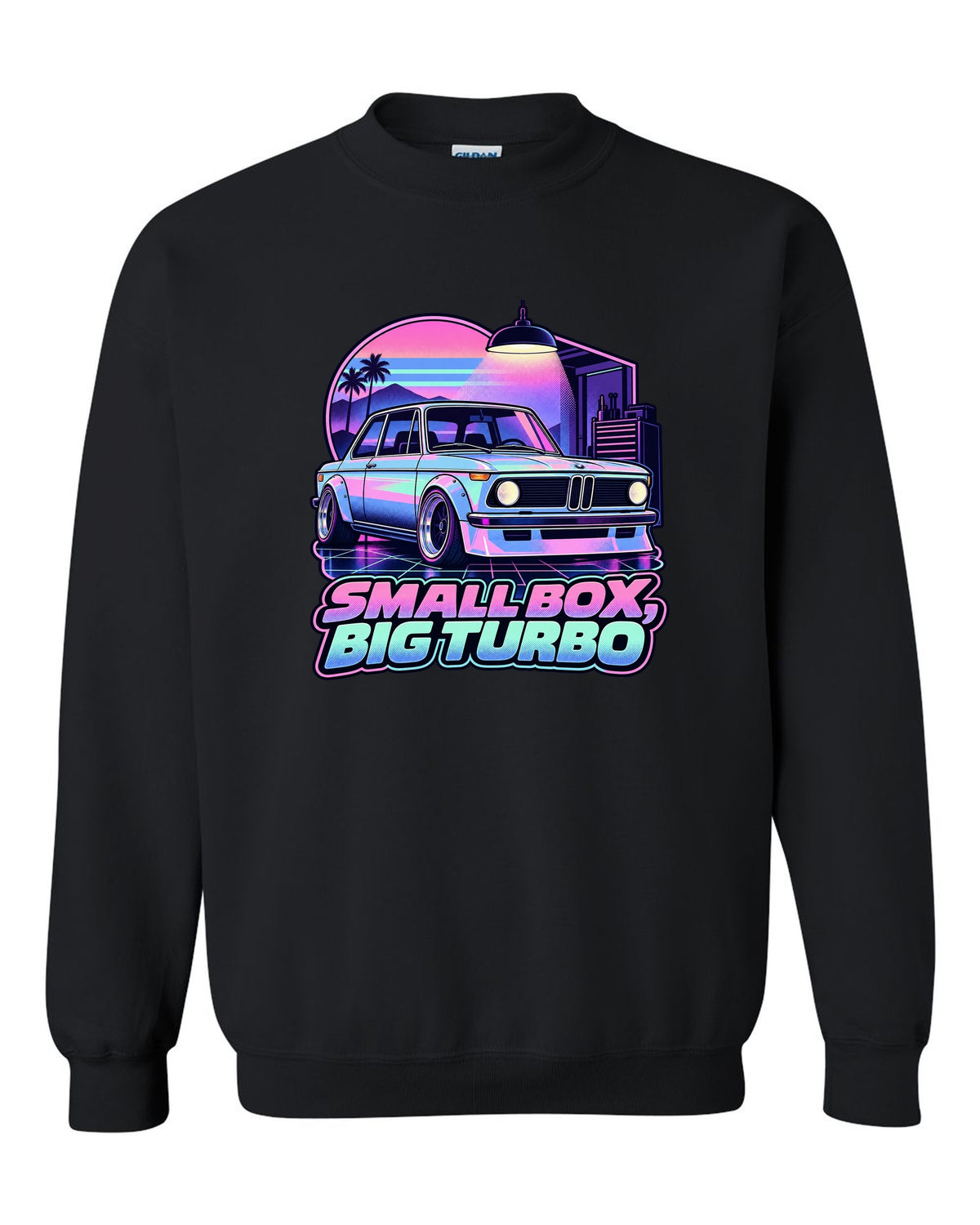 BMW 2002 turbo vaporwave pastel print with small box big turbo text black crewneck front view with the design