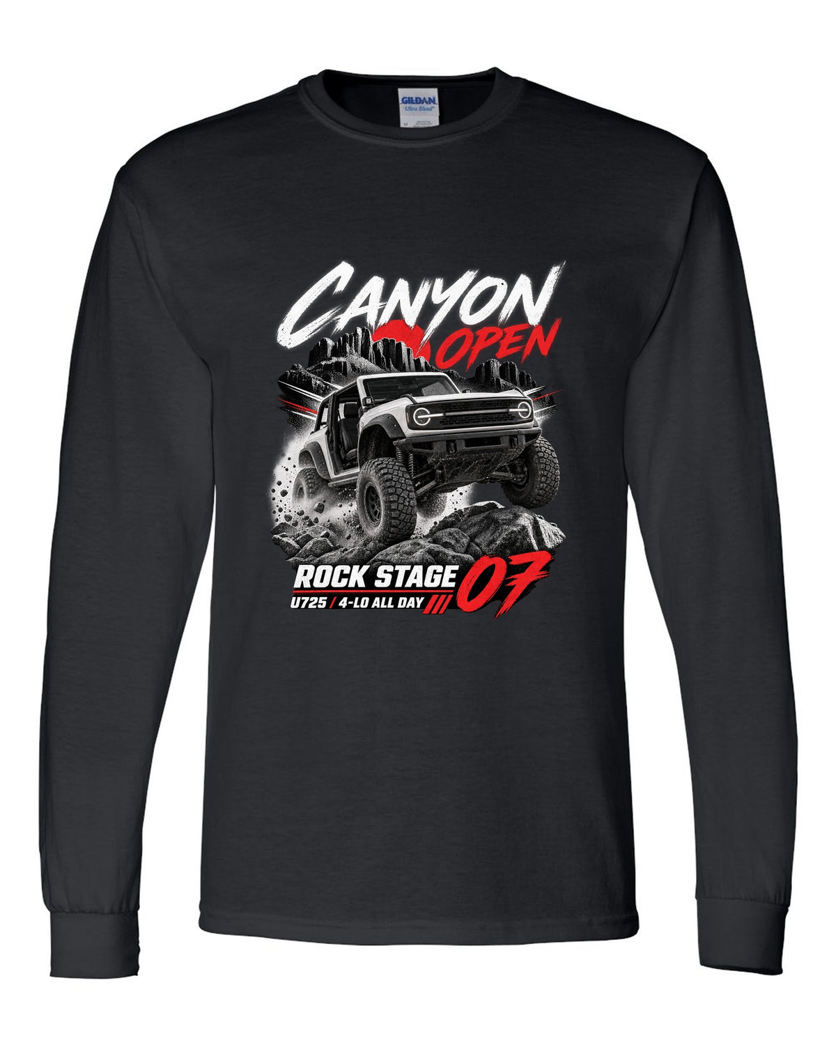 Ford Bronco 2021 two-door U725 race poster print with Rock Stage 07 and 4-Lo text black long sleeve front view with the design