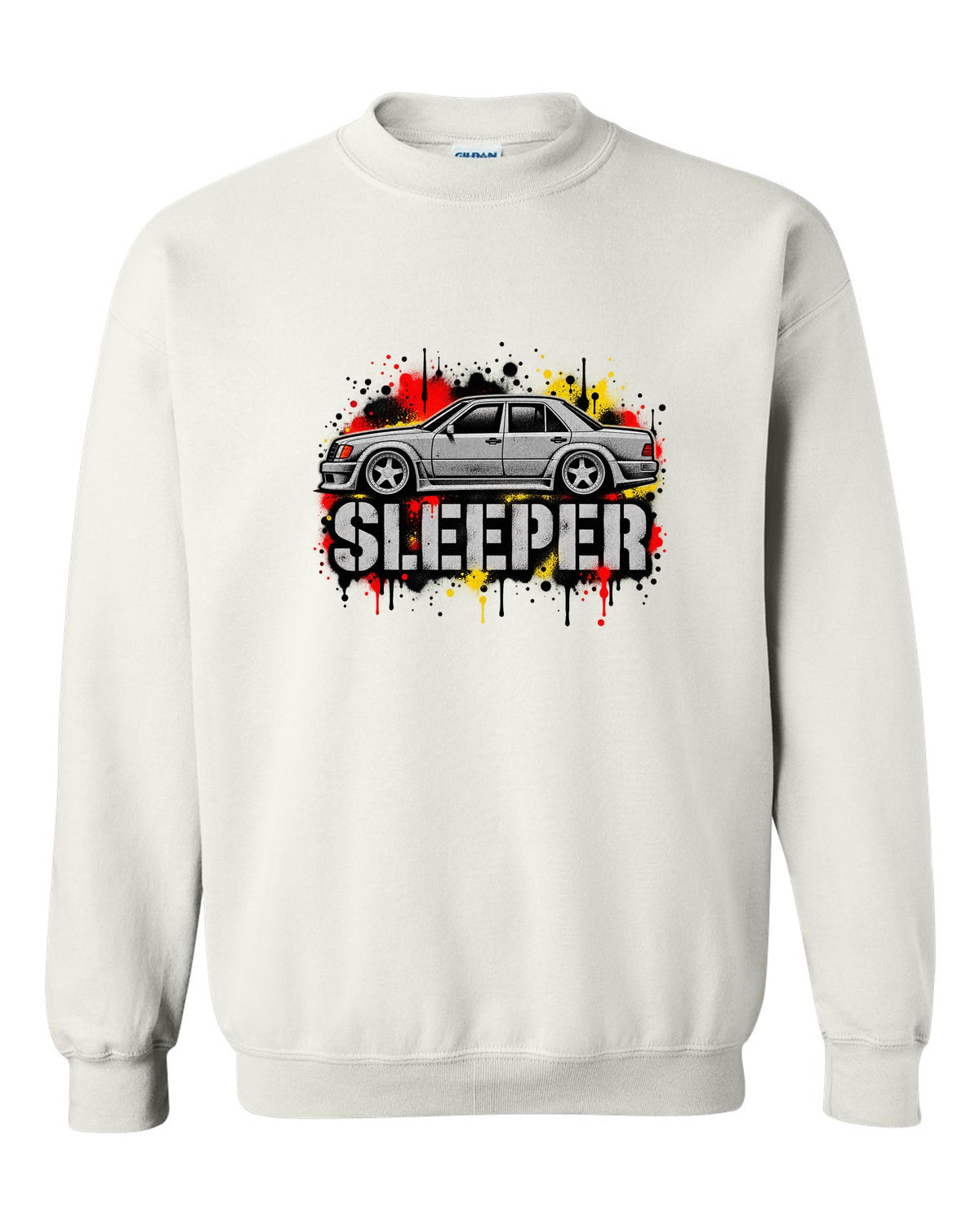 Embroidery-style varsity crest of a Mercedes 300E 5.6 Hammer W124 white crewneck front view with the design