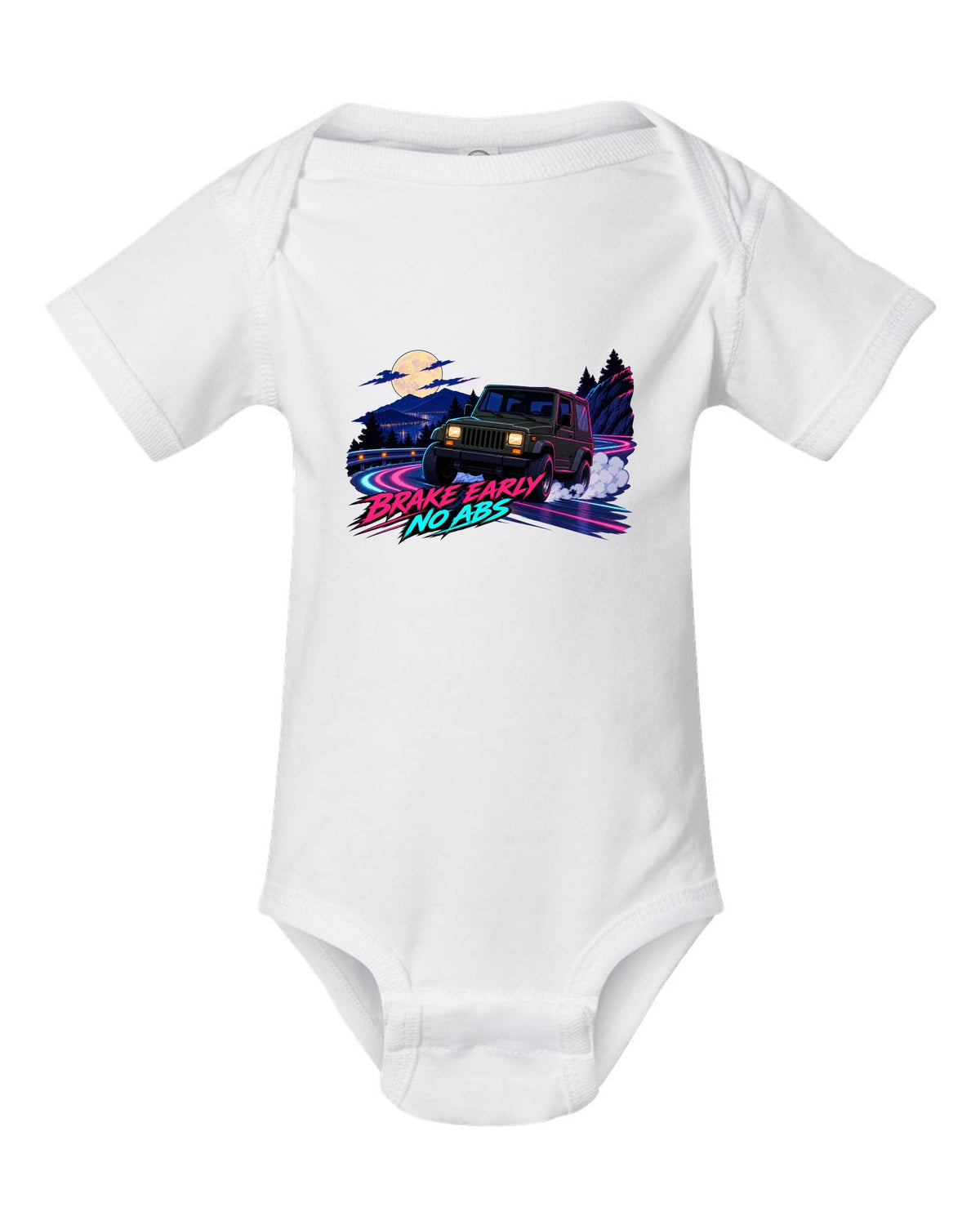 Cel-shaded anime night touge print of a Jeep Wrangler YJ with no ABS text white baby onesie front view with the design