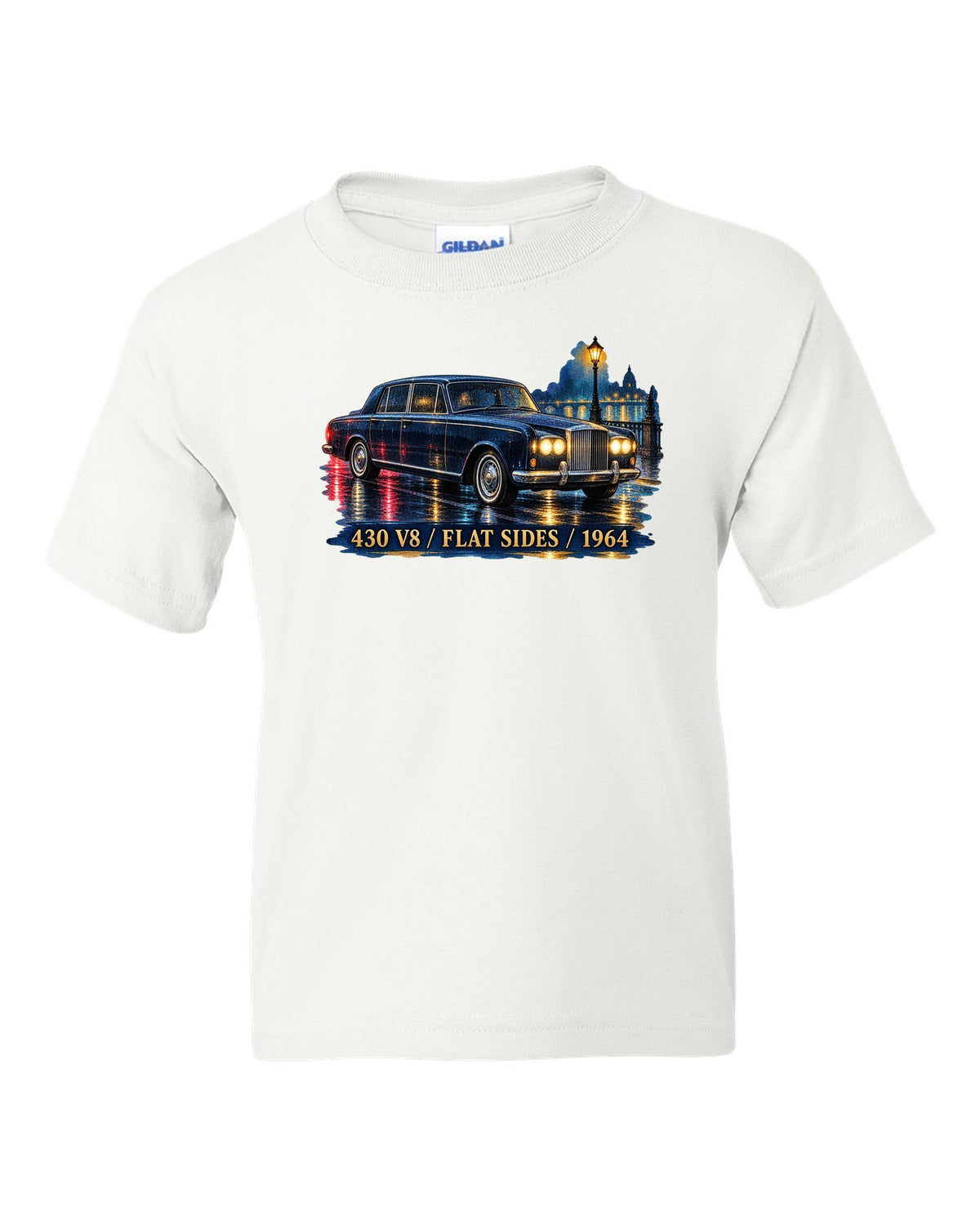 1964 Lincoln Continental on a wet night road in watercolour style white kids tee front view with the design