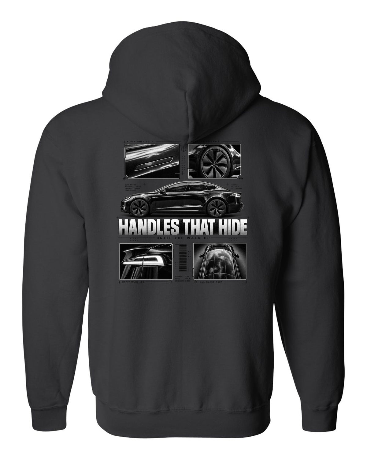 Tesla Model S Raven Side Profile Dossier black zip hoodie back view with the design