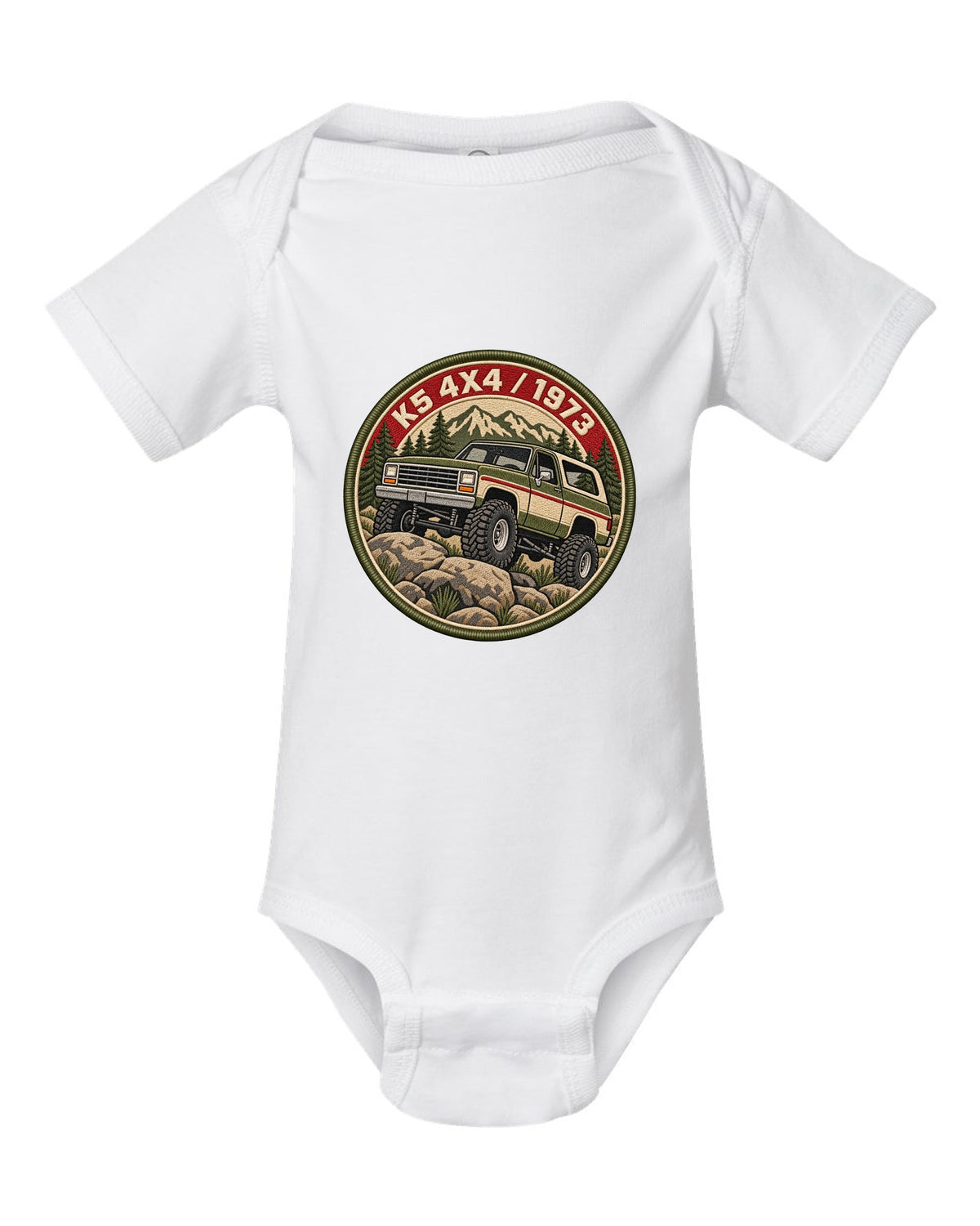 Embroidery-style varsity crest print of a 1973-91 Chevrolet K5 Blazer with K5 4x4 1973 lettering white baby onesie front view with the design