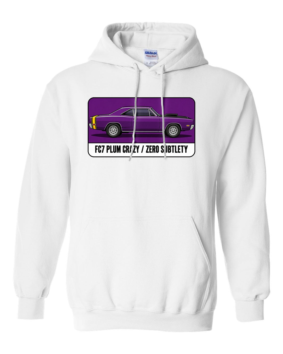 Pantone-style swatch print of a 1969 Dodge Coronet Super Bee in Plum Crazy white pull over hoodie front view with the design