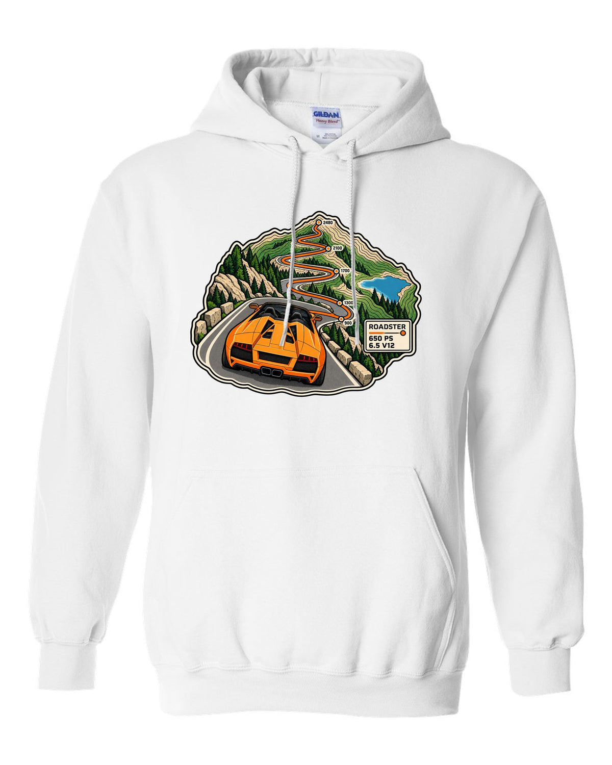 Topographic route map of a 2010 Lamborghini Murcielago LP650-4 Roadster with 650 PS and 6.5 V12 white pull over hoodie front view with the design