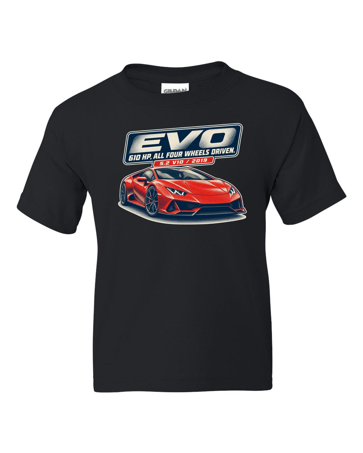 Halftone print of the Lamborghini Huracan EVO black kids tee front view with the design