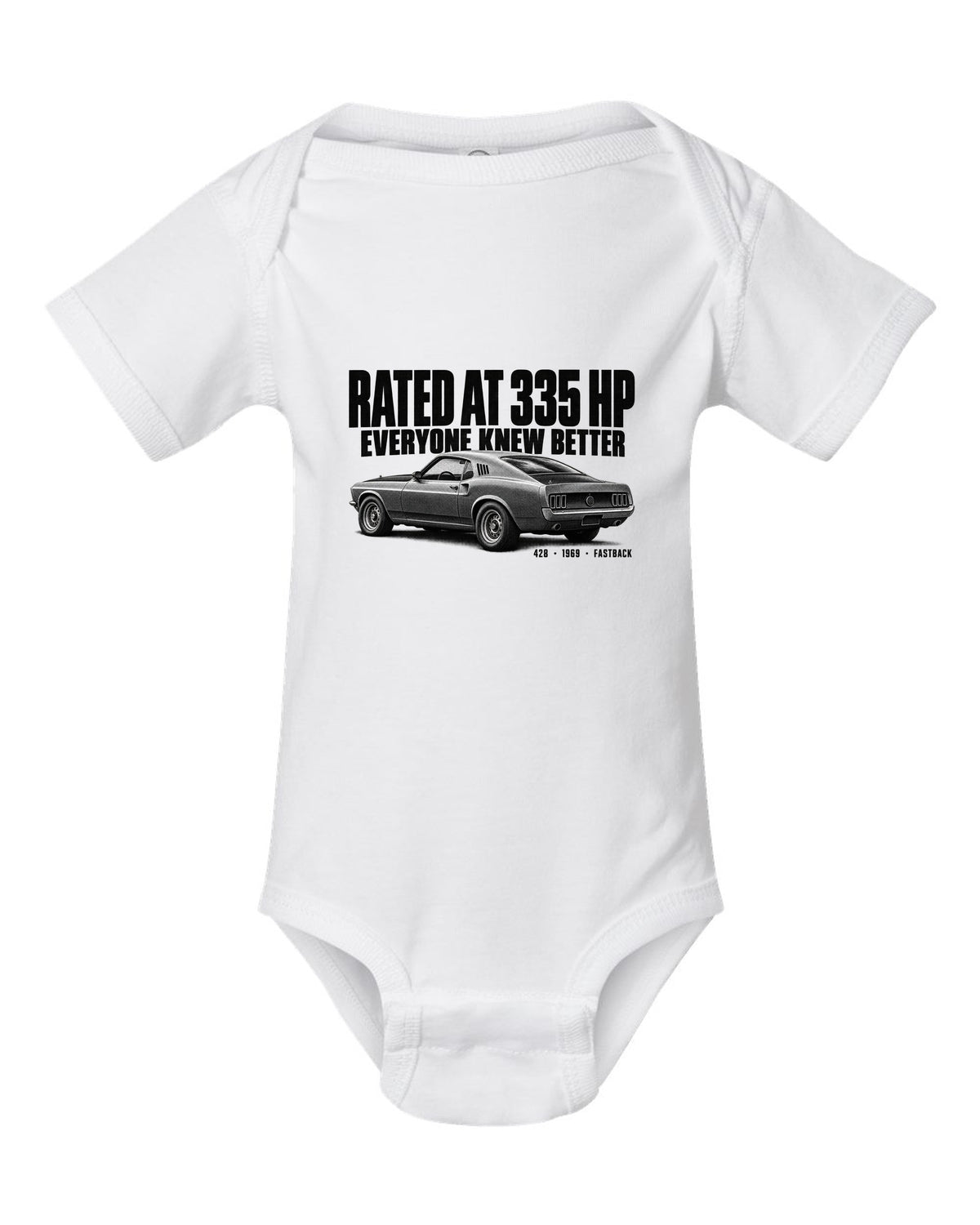 Halftone illustration of a 1969 Ford Mustang fastback with rated at 335 HP lettering white baby onesie front view with the design